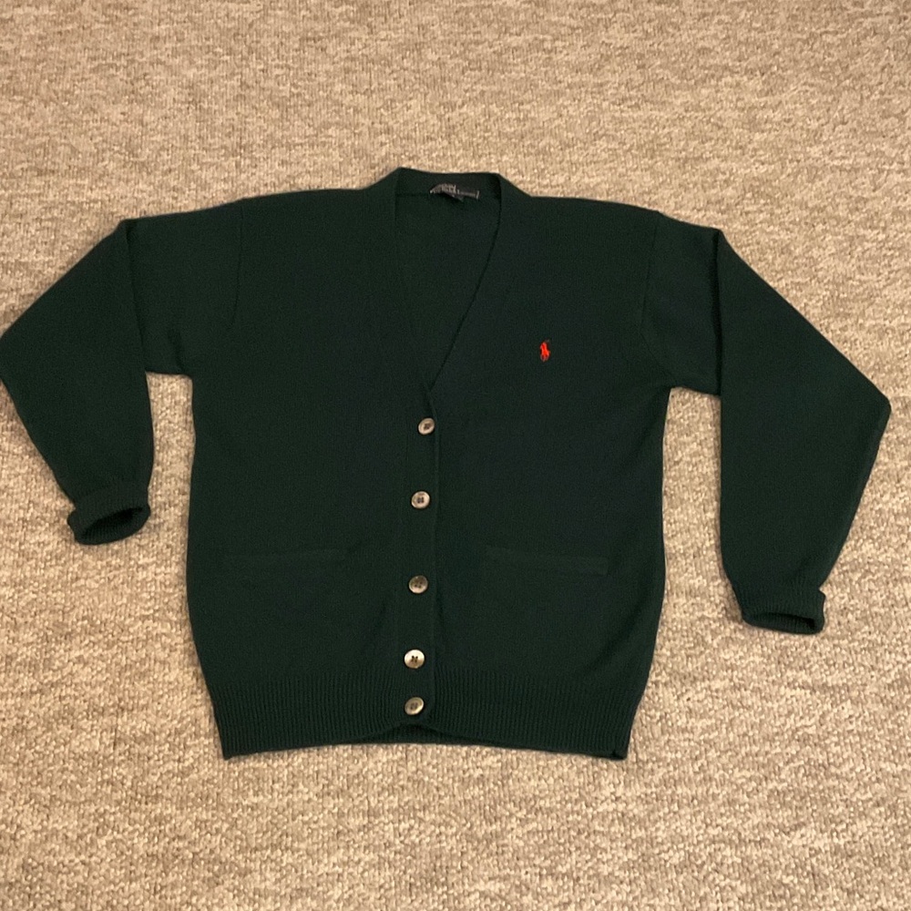 Vintage Blue Label Ralph Lauren Polo Men's Dark Green Cardigan